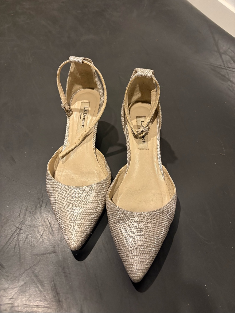 LK Bennett Metallic Silver Pointed Toe Ankle-Strap Wedge Heels